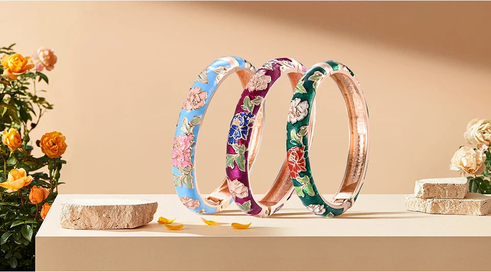Floral Enamel Cloisonné Bangle Bracelet